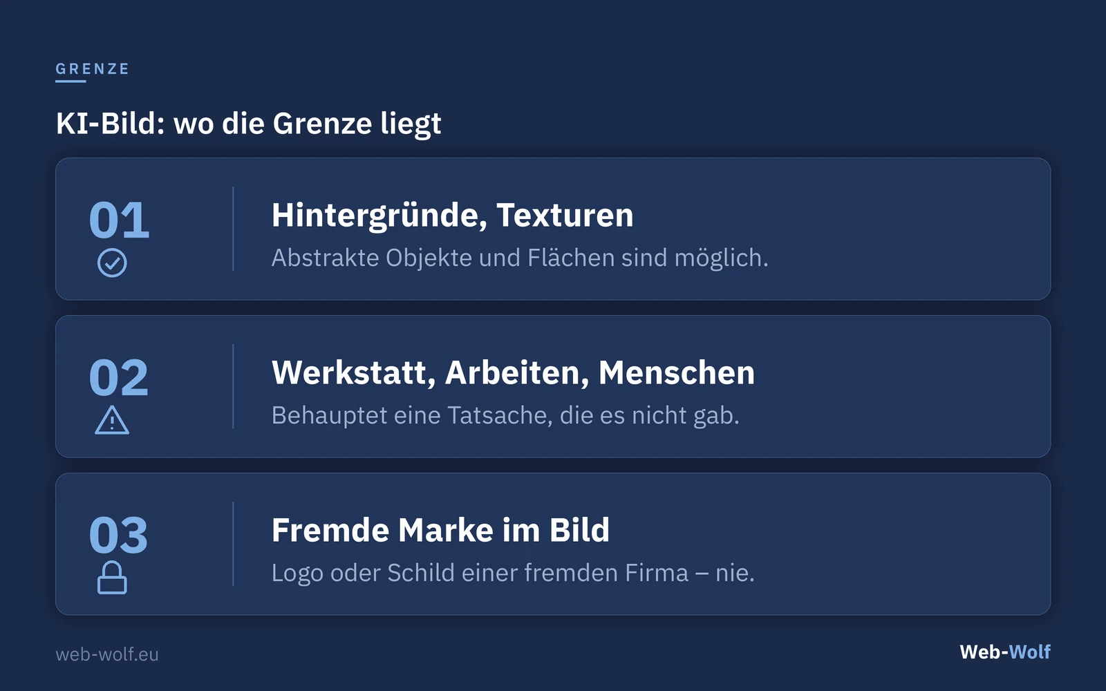 Wo ein KI-Bild auf der Website möglich ist und wo nicht: Hintergründe, Werkstatt und Arbeiten, fremde Marke