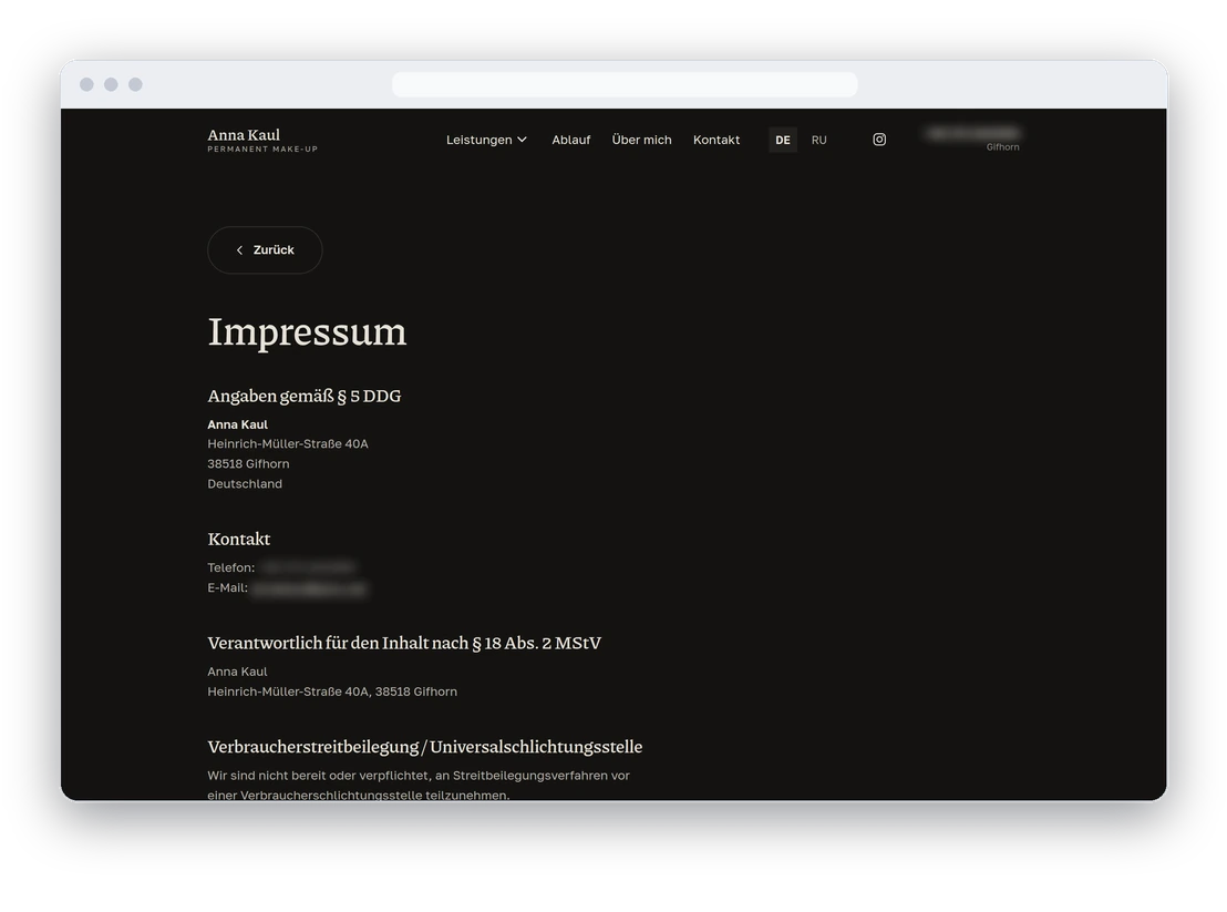 Impressum с реальным адресом студии по § 5 DDG