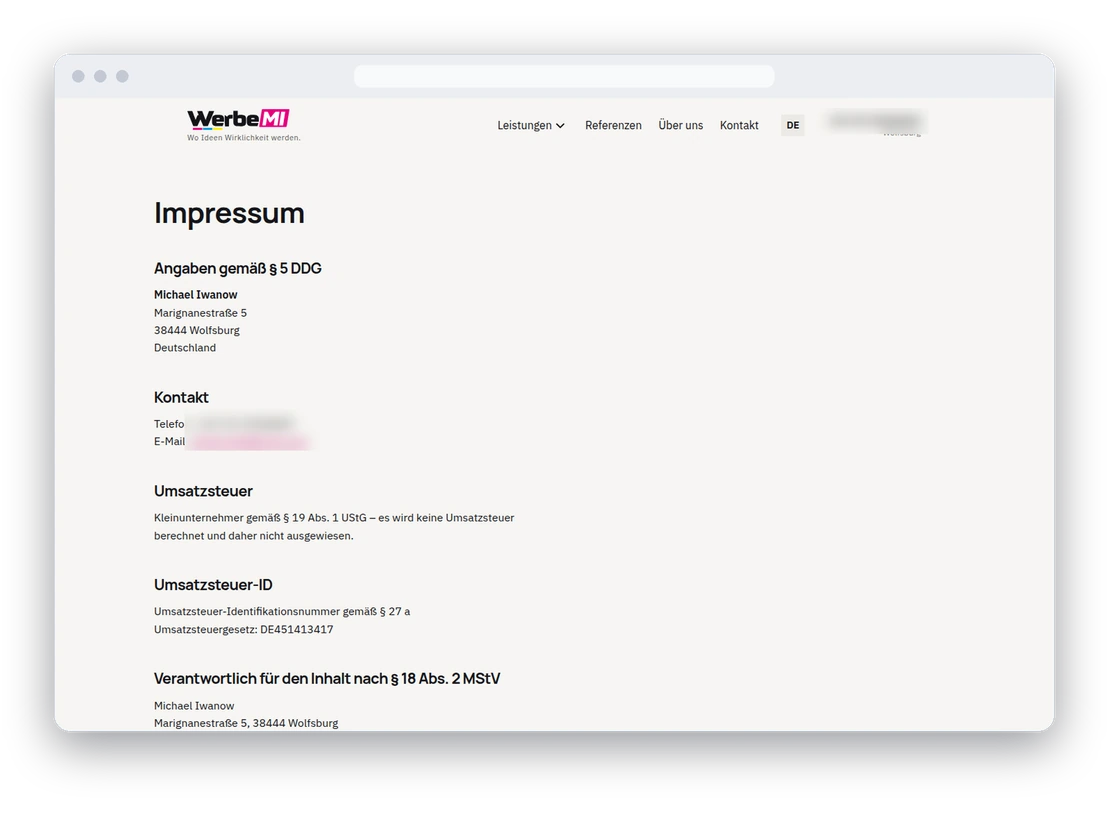 Impressum мастерской с данными по § 5 DDG